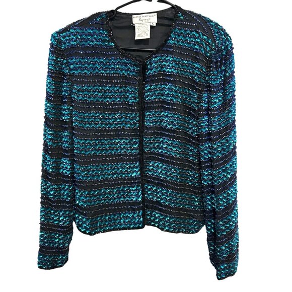 Papell Boutique Evening Womens Sequined Jacket L Black/Blue Silk & Polyester - Picture 1 of 8